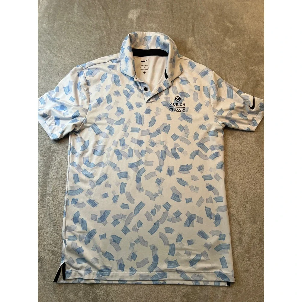 Nike Golf Polo Shirt Mens Small White Blue Zurich Classic Performance Polo
